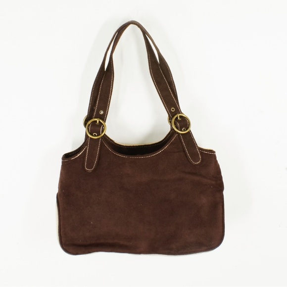 Vintage 2000s Y2K Faux Suede Patchwork Stripe Pink Brown Buckle Purse - Picture 2 of 4